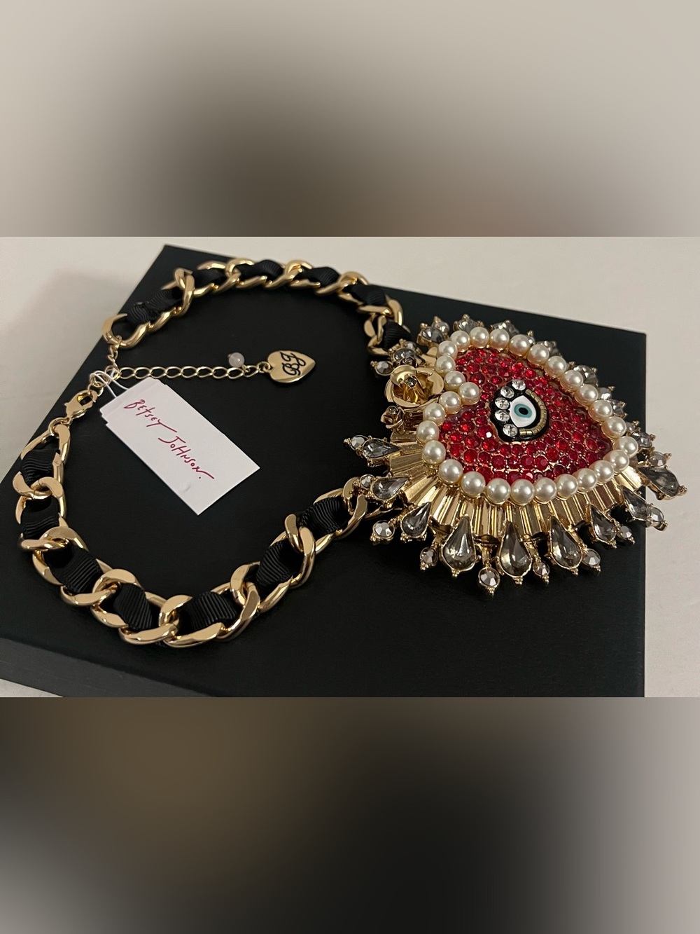 Betsey Johnson Red Crystal Evil Eye Heart Statement Necklace with Pearl Trim - Picture 15 of 16